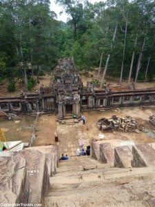 Looking over the entrance to Ta Keo temple and taking in the view from the top of the second flight of stairs