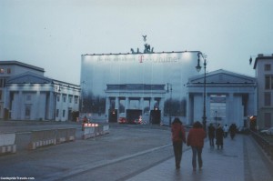The Brandenburg Gate, undergoing restoration works in 2001.