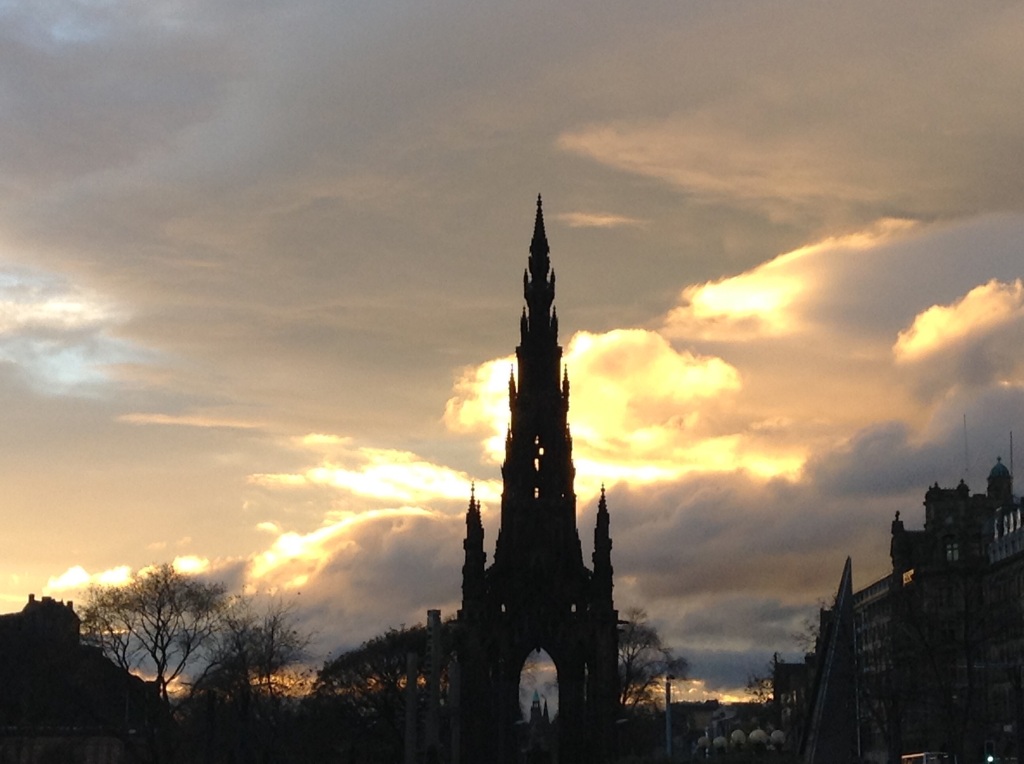 The Scott Monument as night falls