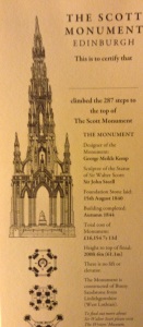The certificate for climbing the Scott Monument