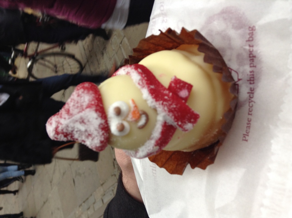 The very cute white chocolate ganache snowman from Bettys Tea Rooms on Stonegate